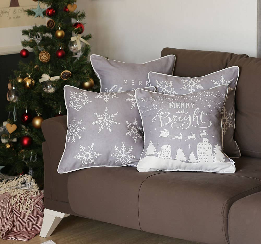 Set Of Four 18" X 18" Grey Zippered Polyester Christmas Snowflakes Throw Pillow Cover-4