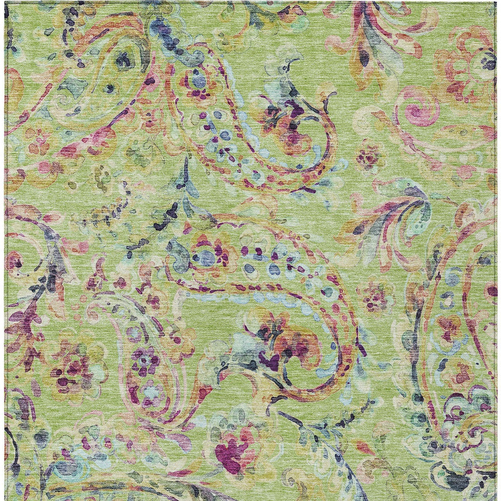 5' X 8' Artichoke Green And Pink Paisley Washable Indoor Outdoor Area Rug-7