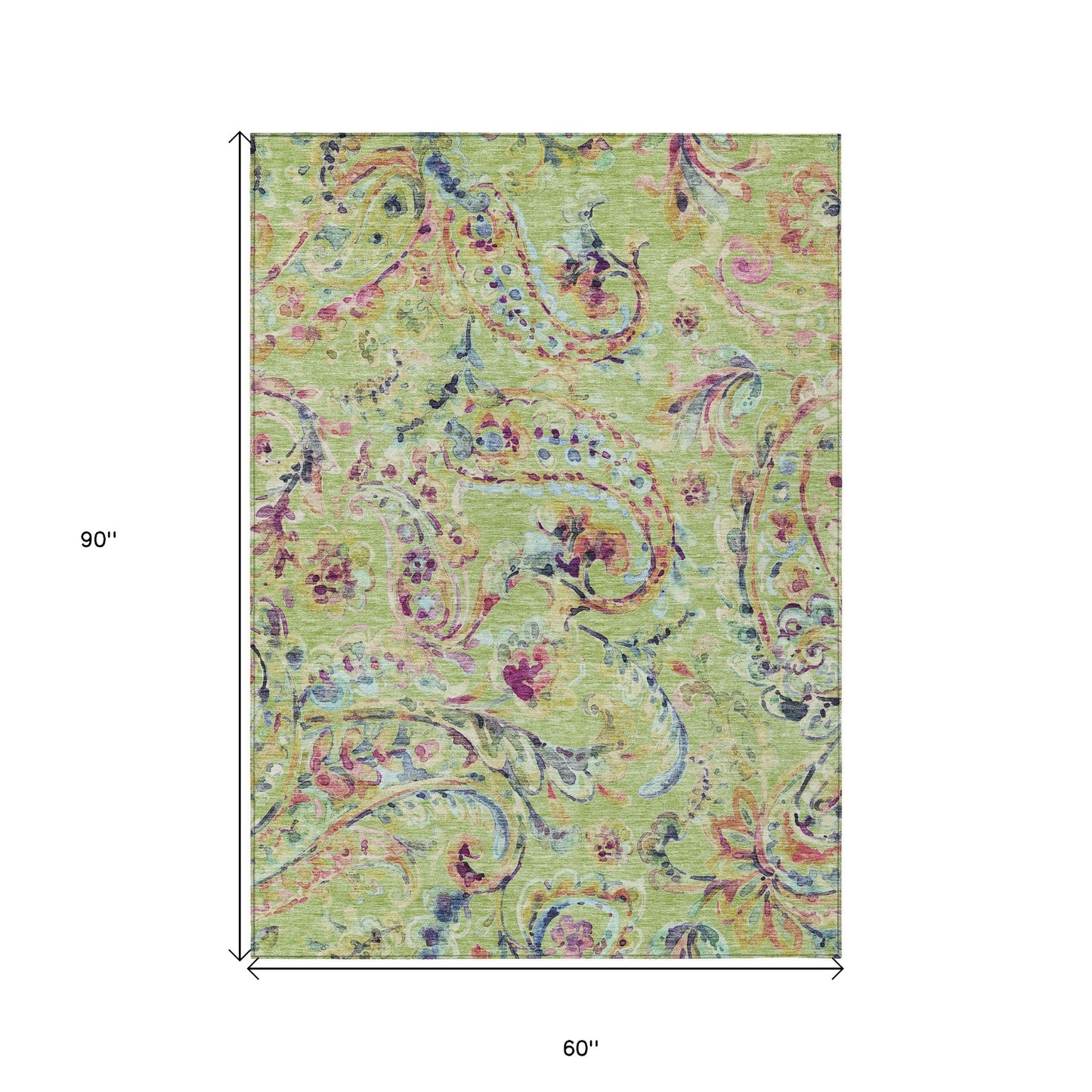 5' X 8' Artichoke Green And Pink Paisley Washable Indoor Outdoor Area Rug-2