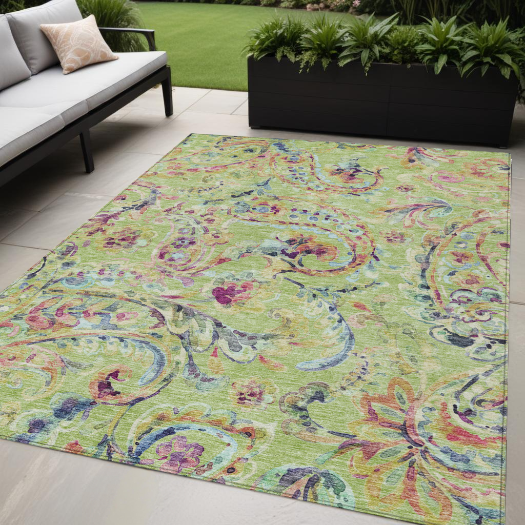 5' X 8' Artichoke Green And Pink Paisley Washable Indoor Outdoor Area Rug-0