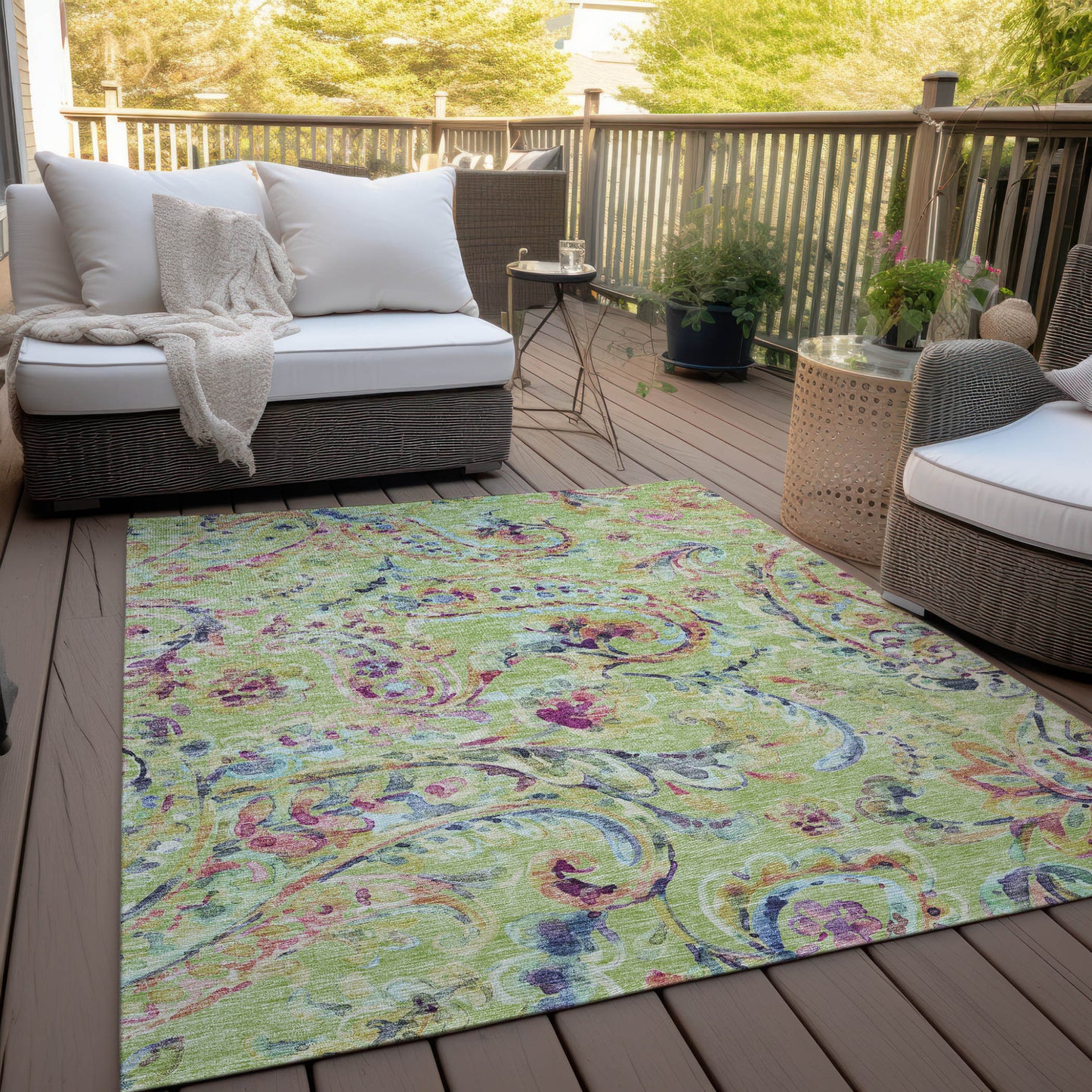 5' X 8' Artichoke Green And Pink Paisley Washable Indoor Outdoor Area Rug-8