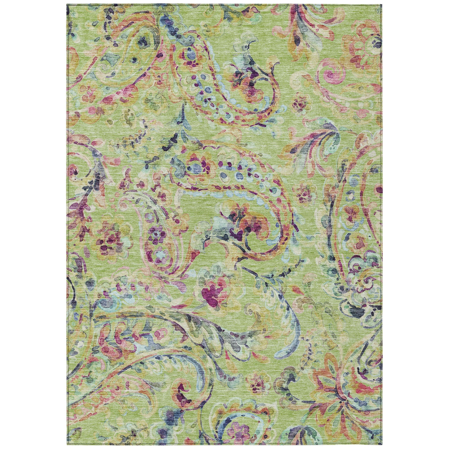 5' X 8' Artichoke Green And Pink Paisley Washable Indoor Outdoor Area Rug-1