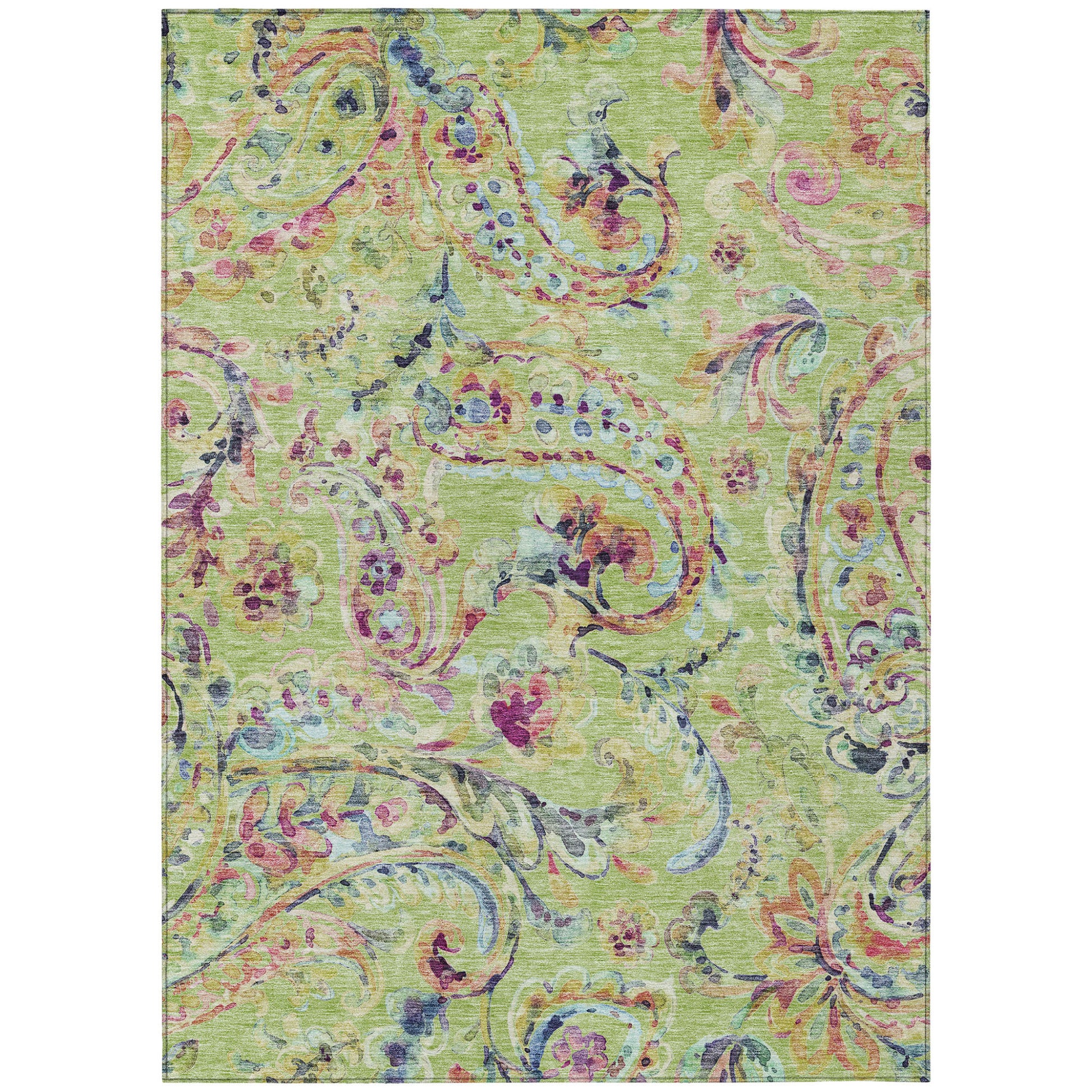5' X 8' Artichoke Green And Pink Paisley Washable Indoor Outdoor Area Rug-1