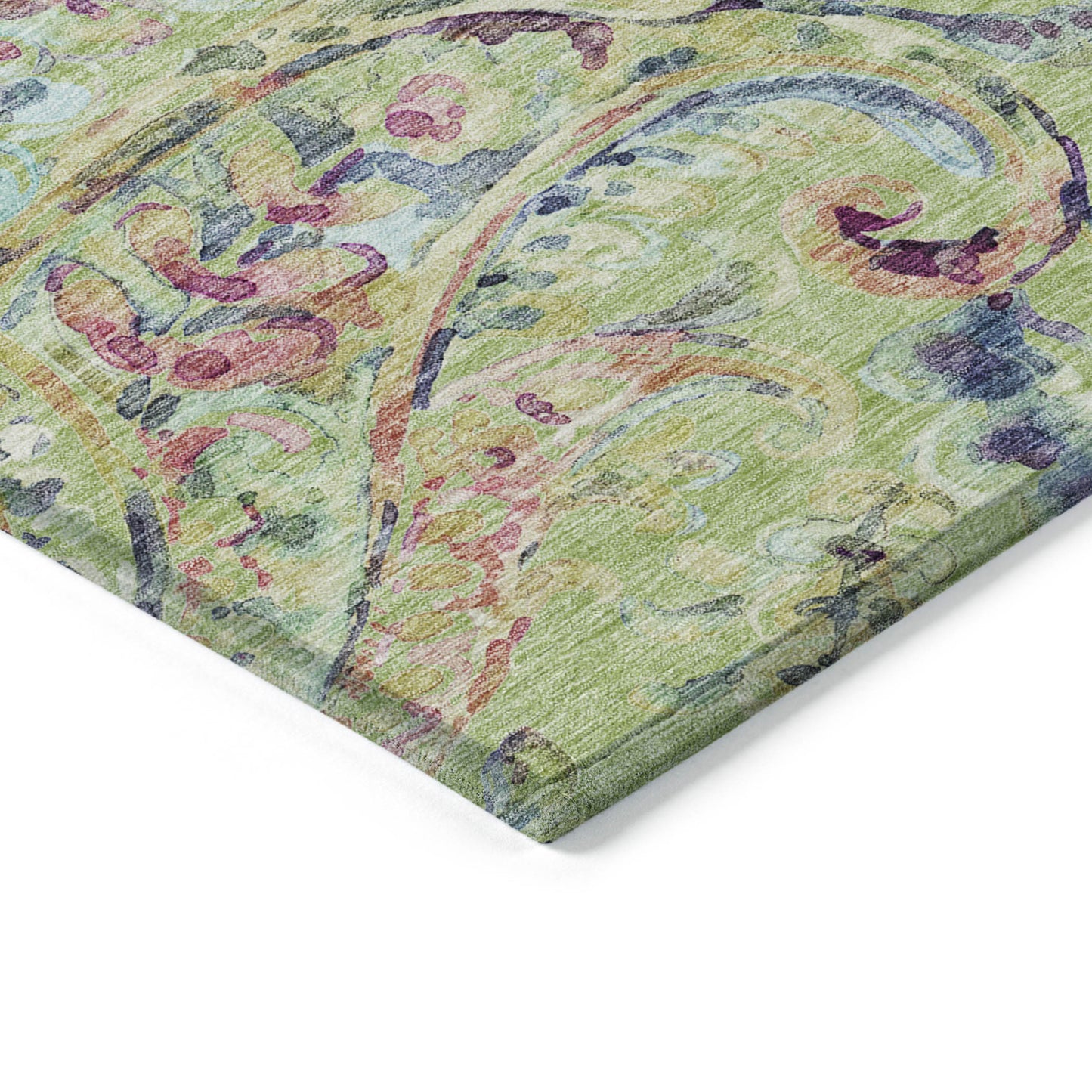 5' X 8' Artichoke Green And Pink Paisley Washable Indoor Outdoor Area Rug-4