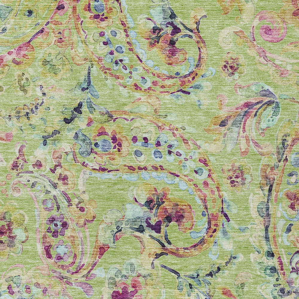 5' X 8' Artichoke Green And Pink Paisley Washable Indoor Outdoor Area Rug-6