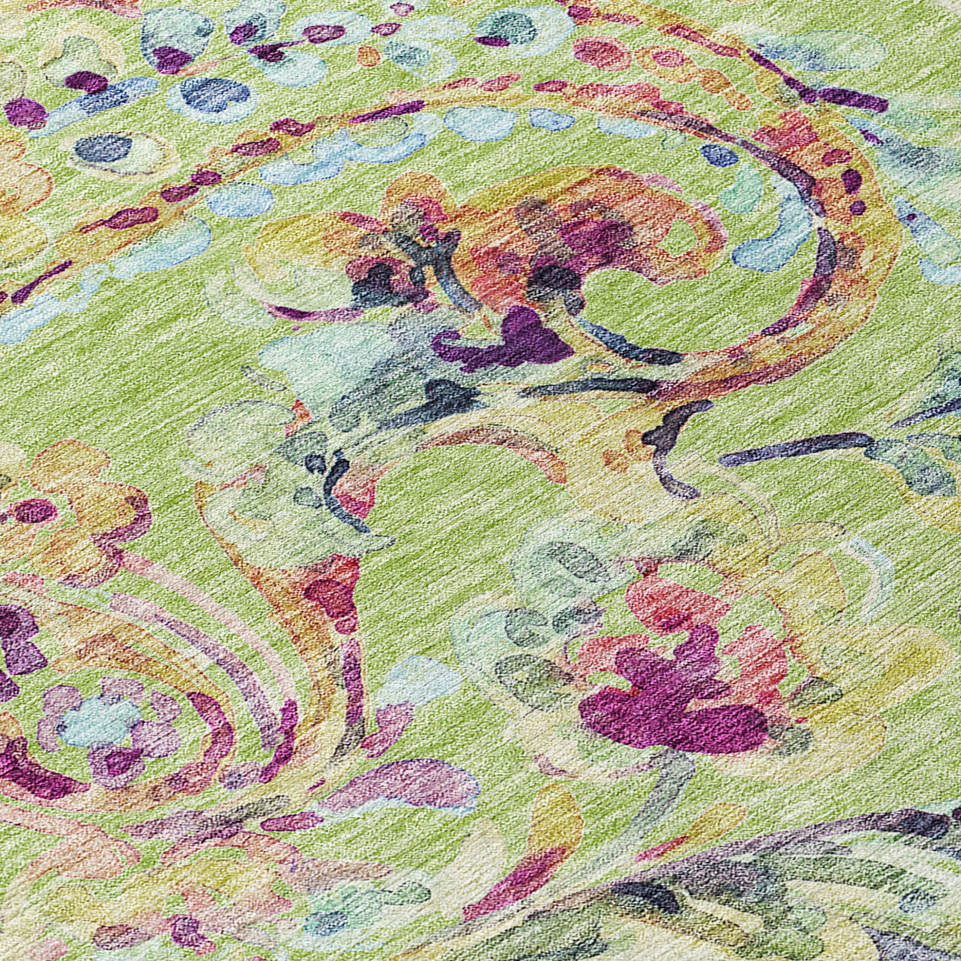 5' X 8' Artichoke Green And Pink Paisley Washable Indoor Outdoor Area Rug-5